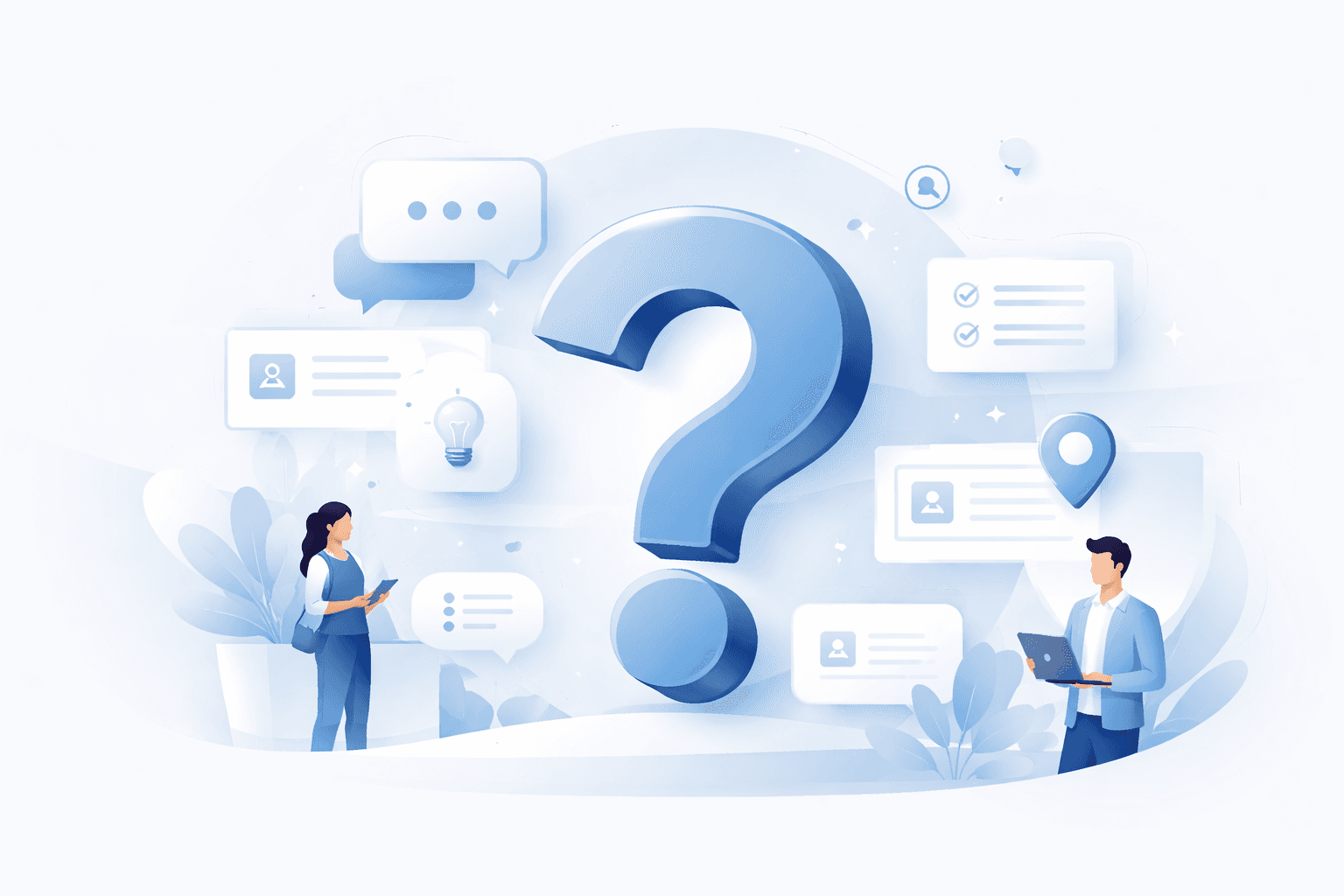 Moderne FAQ-Darstellung mit Fragenzeichen.